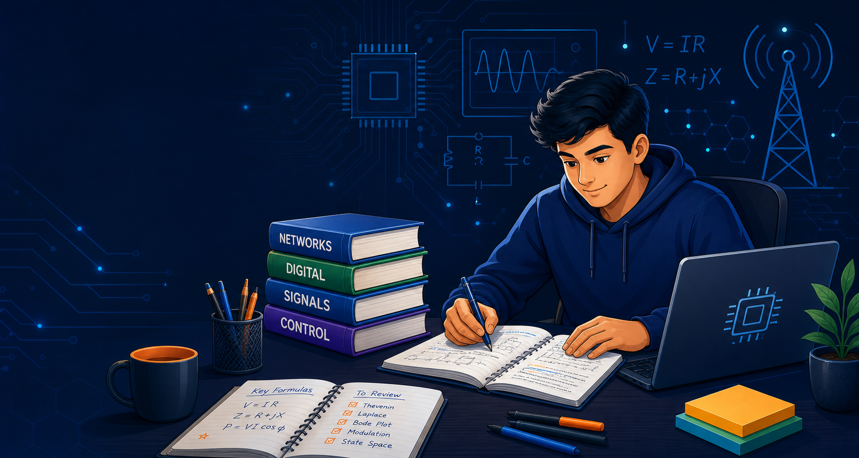 ECE student studying electronics notes with laptop and circuit background